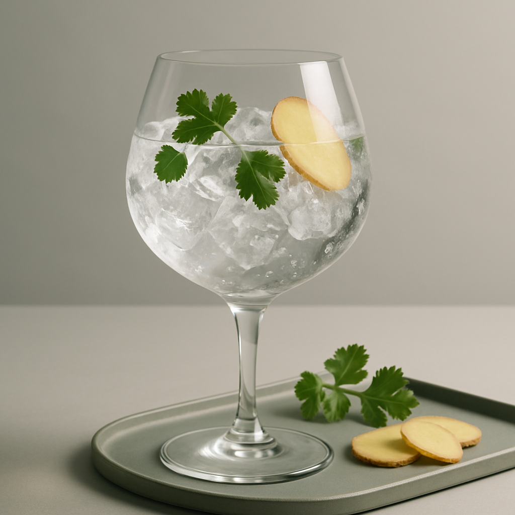 Clover Gin served with Thomas Henry Tonic Water, garnished with Ginger slice and Coriander leaves