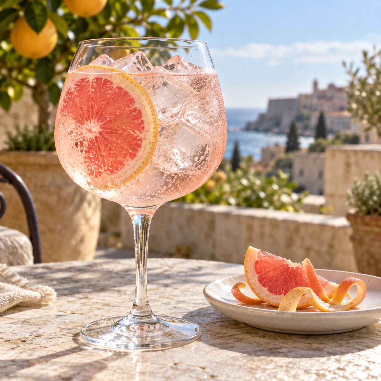 SENSE Pink Grapefruit Gin served with Fever-Tree Indian Tonic Water, garnished with Pink grapefruit wheel and Grapefruit peel