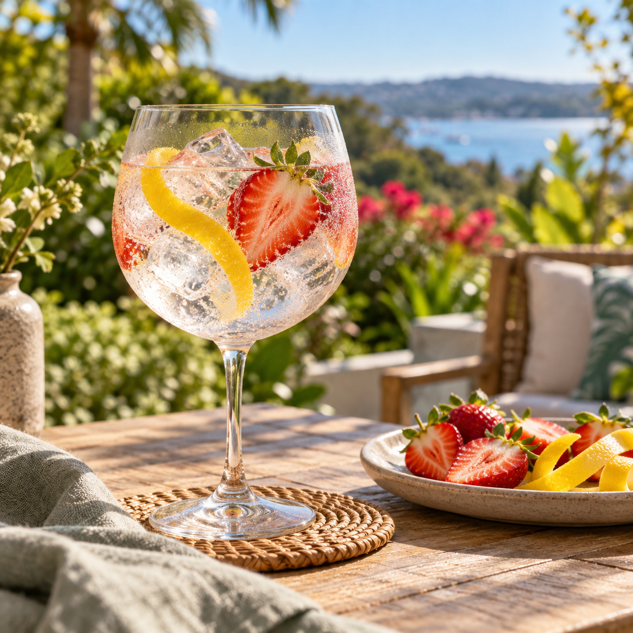 Strawberry Fields Gin served with Fever-Tree Indian Tonic Water, garnished with Fresh strawberry and Lemon peel