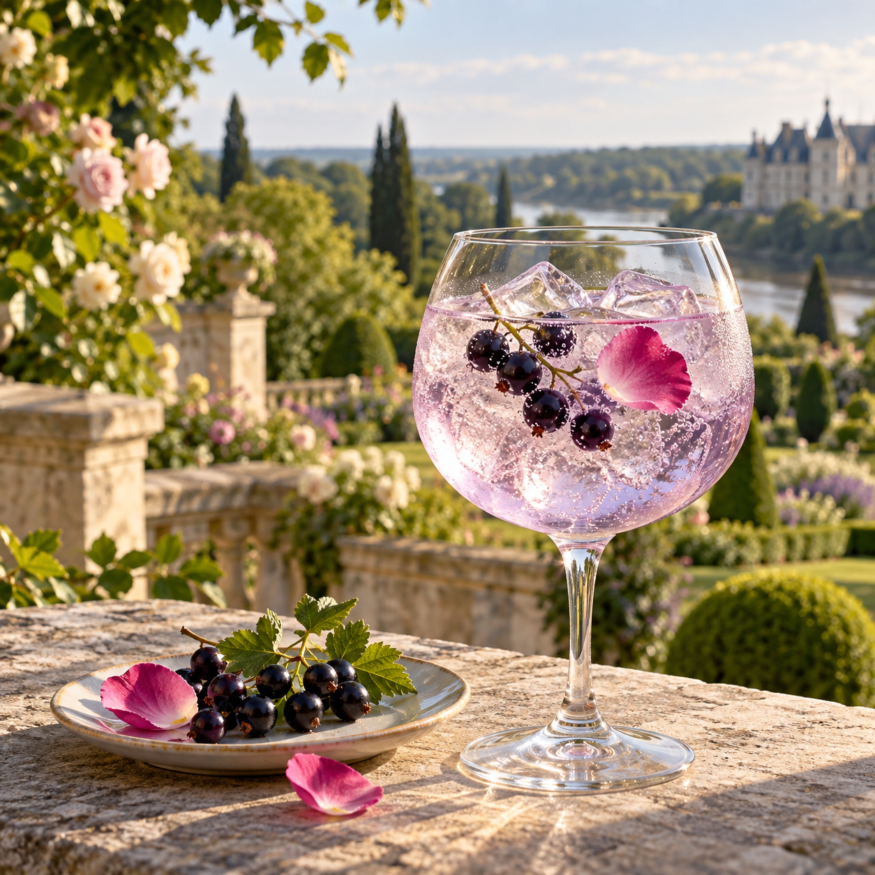 Gin Lueur Vive 2026 served with Fever-Tree Citrus Tonic Water, garnished with Blackcurrants and Edible rose petal