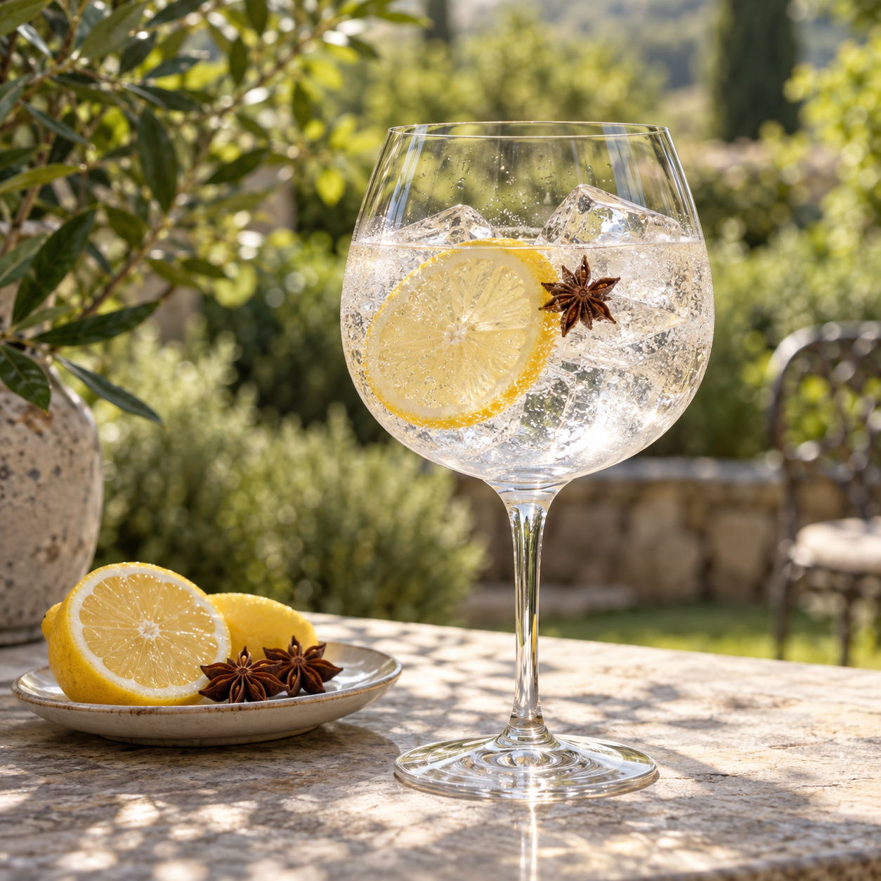 HM Anise Gin servi avec Fever-Tree Elderflower Tonic Water, agrémenté de Lemon wheel et Star anise