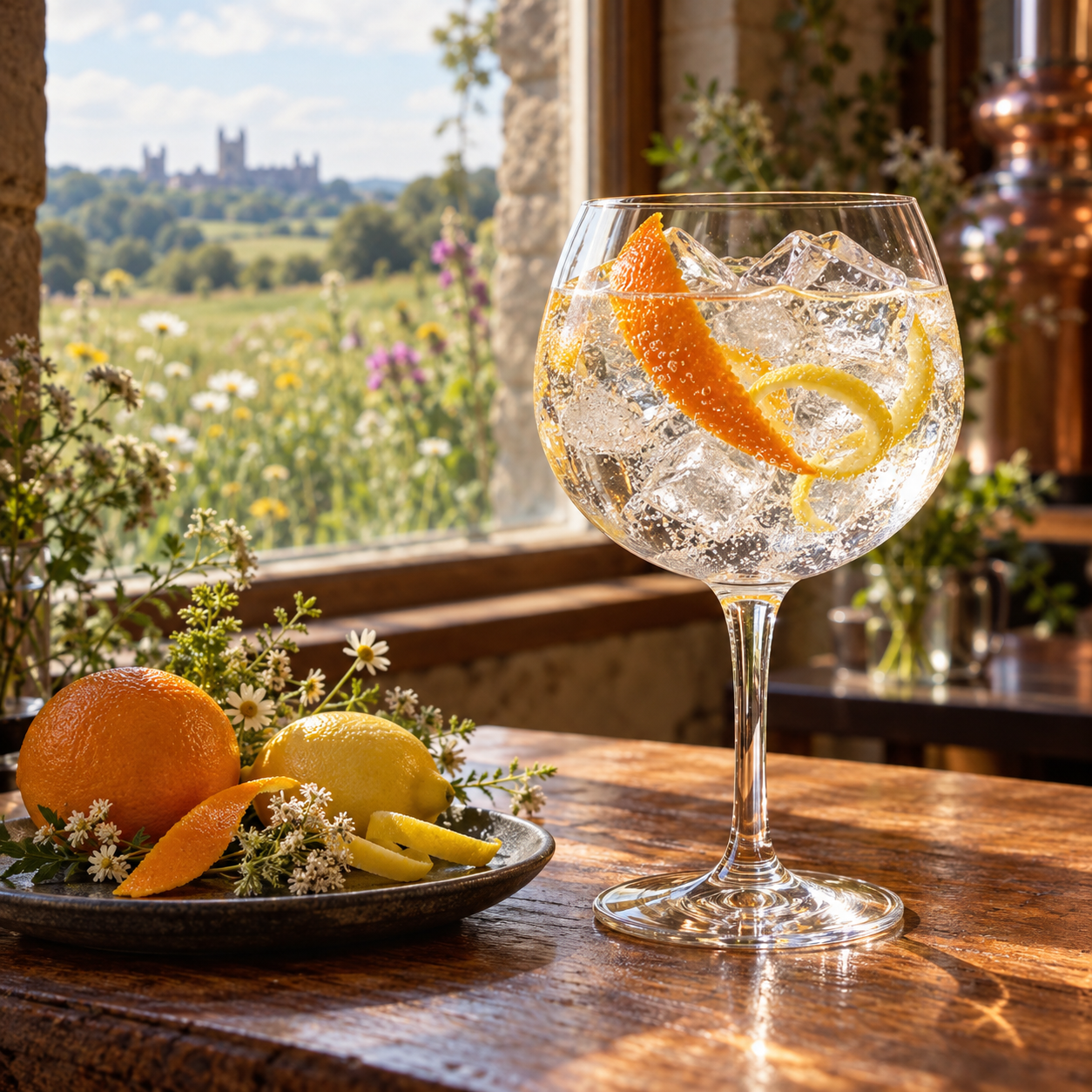 York Gin Distillers Cut No One ForaGIN served with Fever-Tree Indian Tonic Water, garnished with Orange peel and Lemon peel