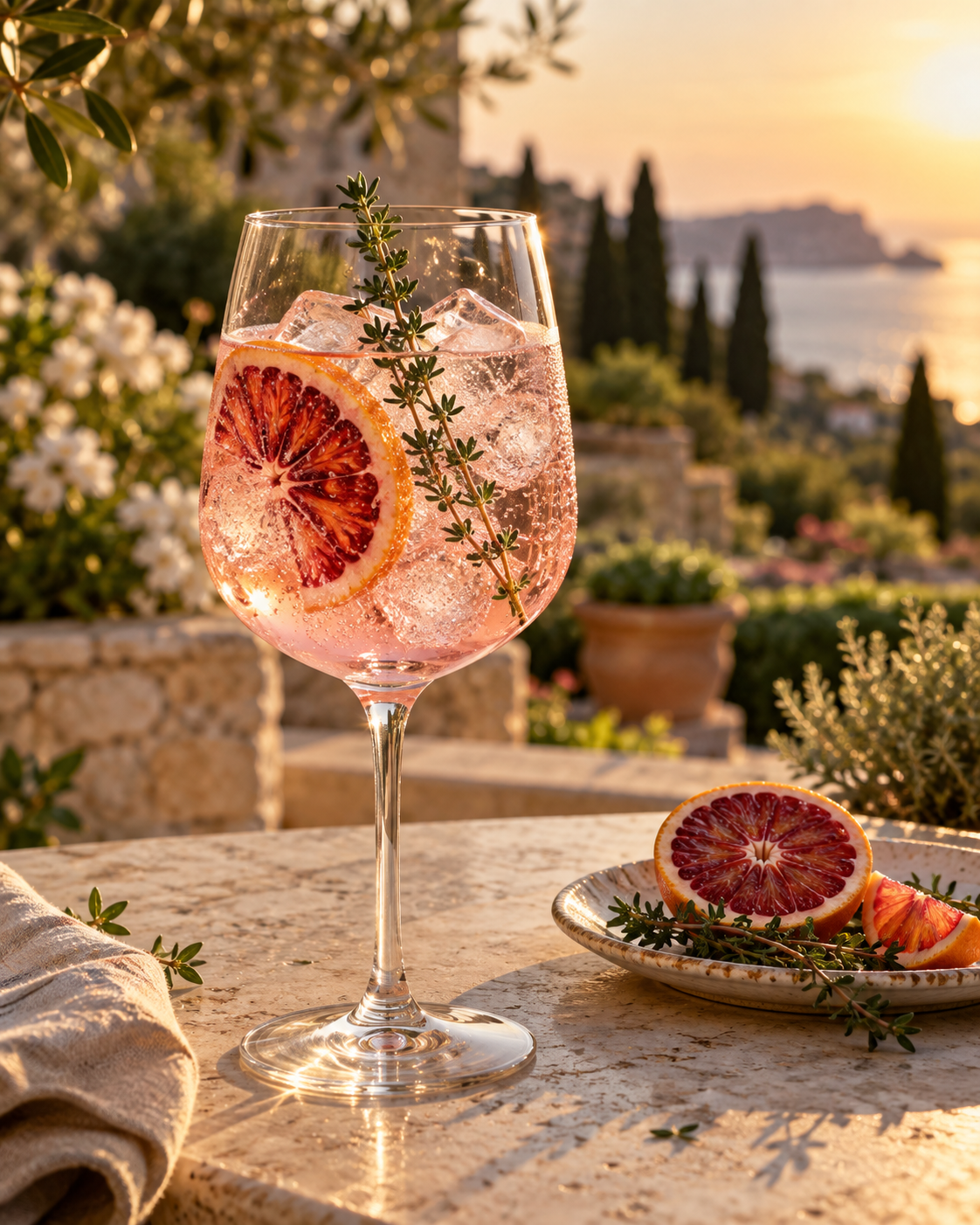 Pink Spritz served with Fever-Tree Mediterranean Tonic Water, garnished with Blood orange wheel and Thyme