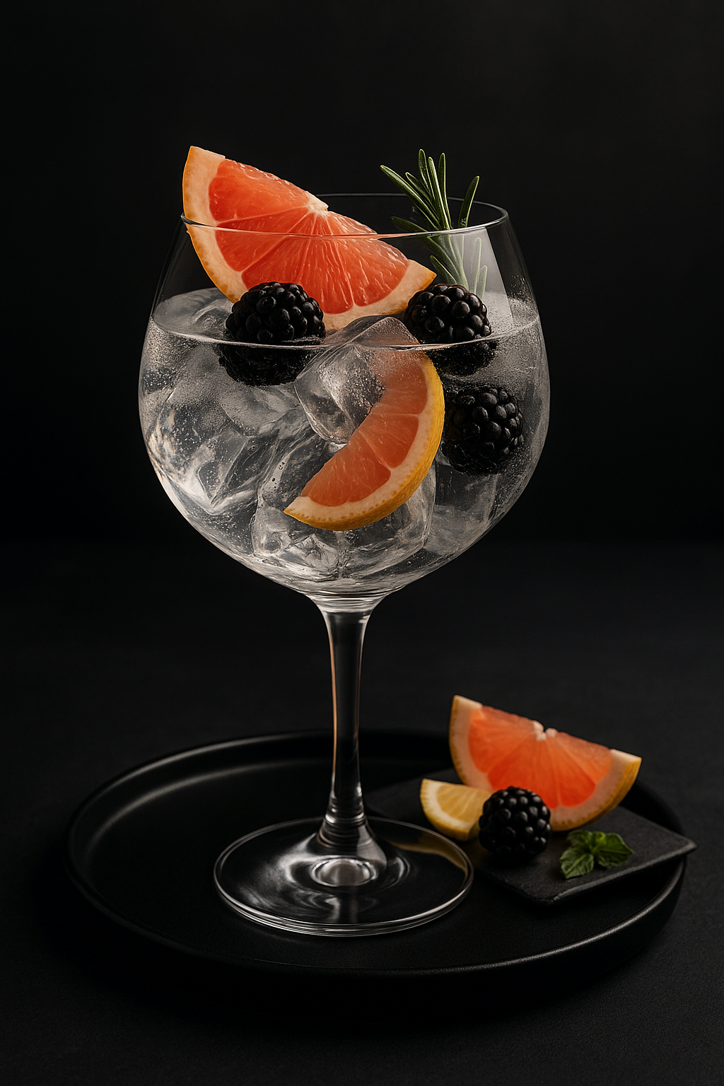 Copperhead Black Edition served with Thomas Henry Tonic Water, garnished with Pink grapefruit slice and Fresh blackberries