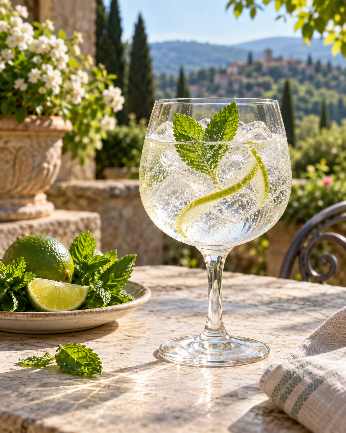 Peppermint served with Fever-Tree Indian Tonic Water, garnished with Mint leaves and Lime peel