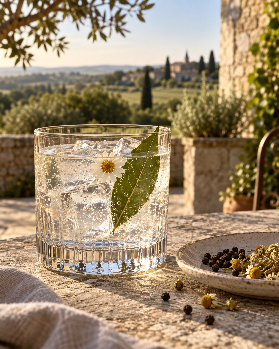 Expert's Batch served with Fever-Tree Indian Tonic Water, garnished with Chamomile and Bay leaf