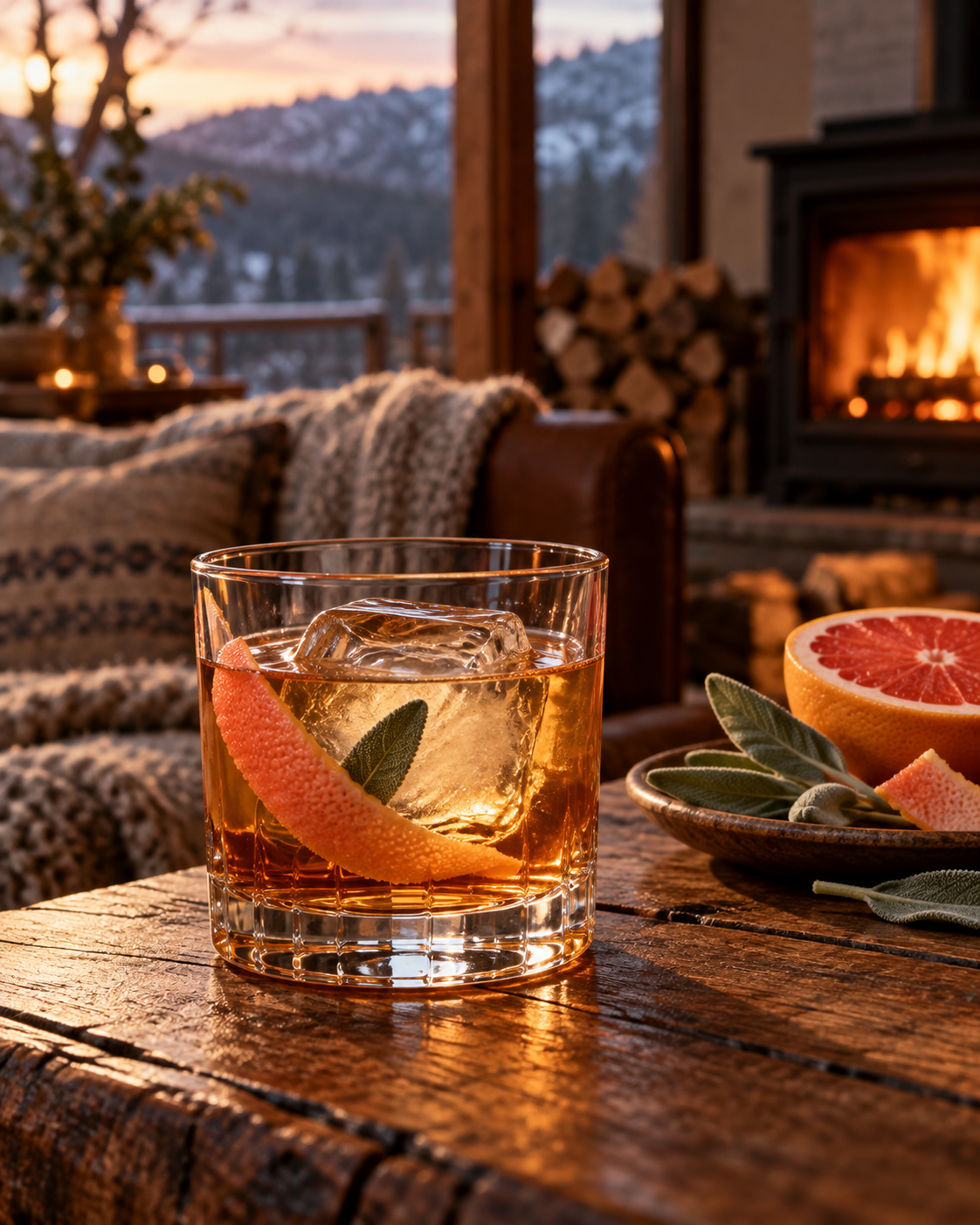 Warm Winter Gin served with Fever-Tree Indian Tonic Water, garnished with Pink grapefruit peel and Sage leaf