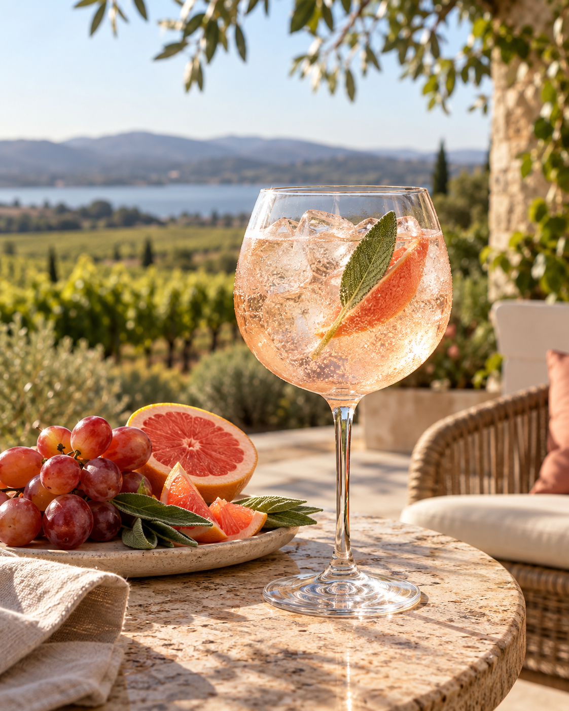 Summer Spritz Gin served with Fever-Tree Mediterranean Tonic Water, garnished with Pink grapefruit peel and Sage leaf