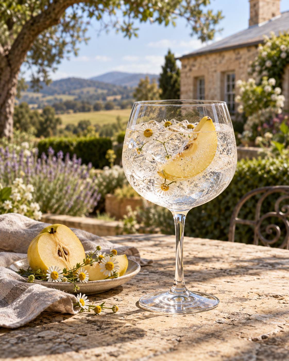 Stroud Bicentenary Gin served with Fever-Tree Indian Tonic Water, garnished with Quince slice and Chamomile