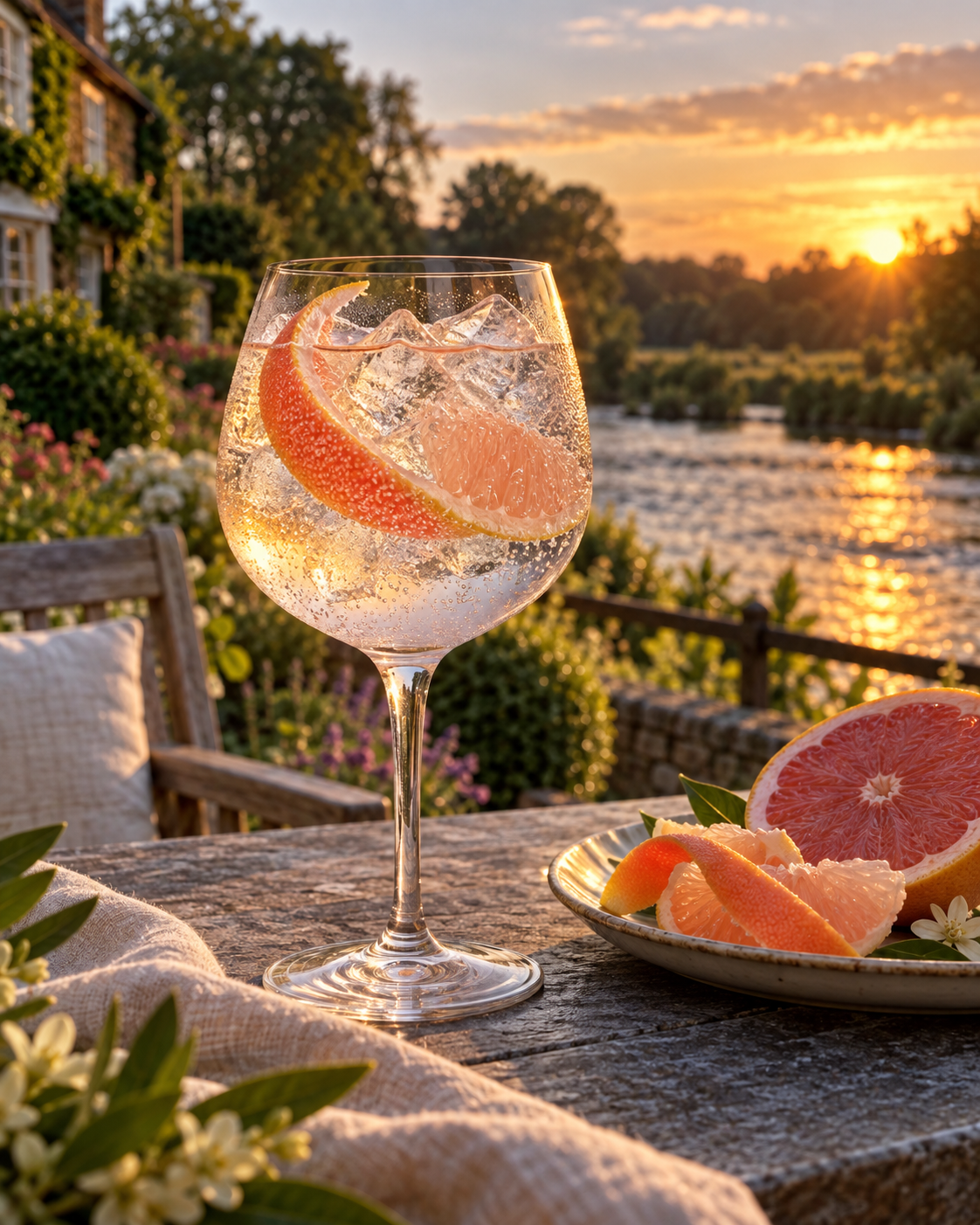 River Test Sunset Citrus Gin served with Fever-Tree Indian Tonic Water, garnished with Pink grapefruit peel and Pomelo