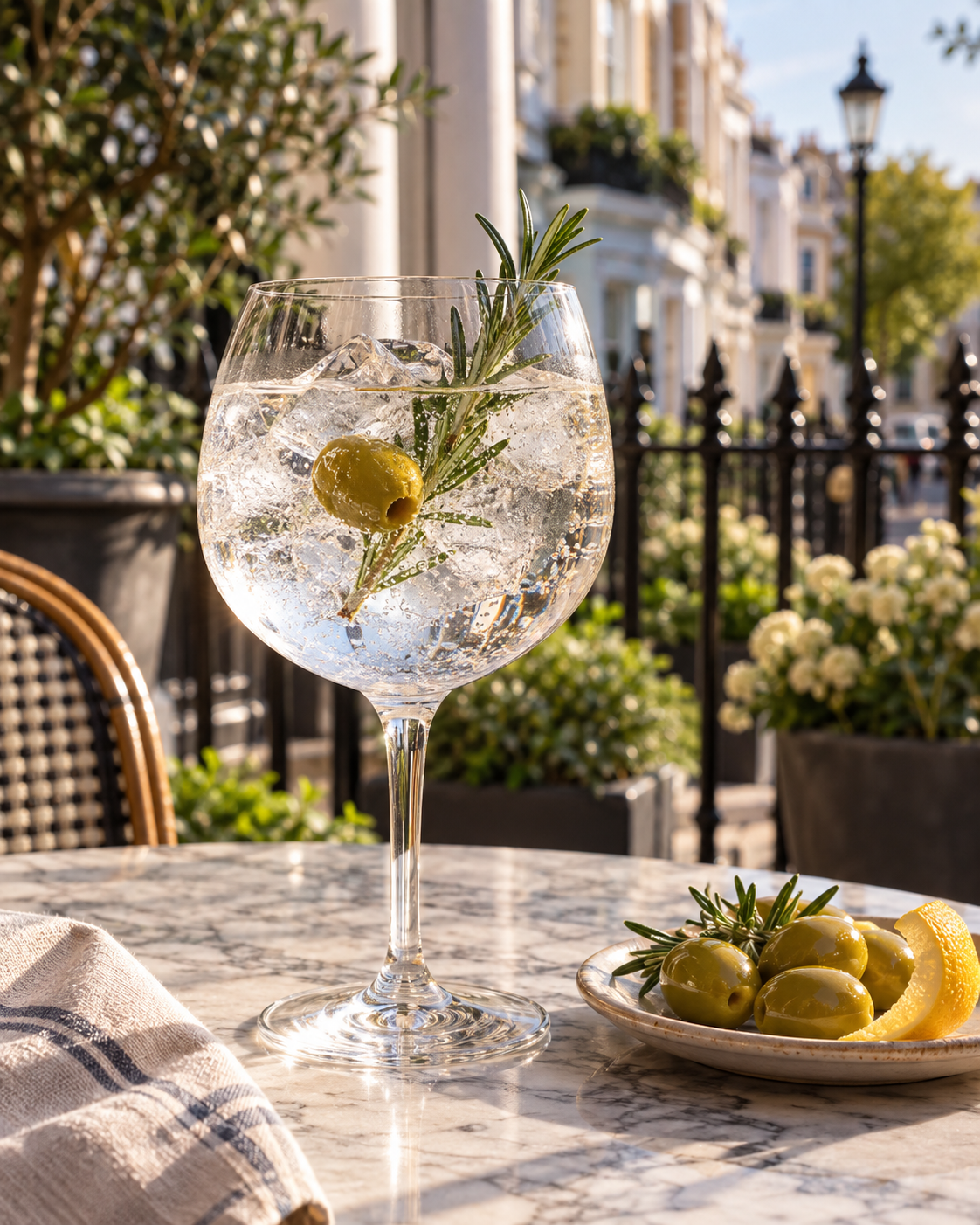 Portobello Road Savoury Gin served with Fever-Tree Mediterranean Tonic Water, garnished with Green olive and Rosemary
