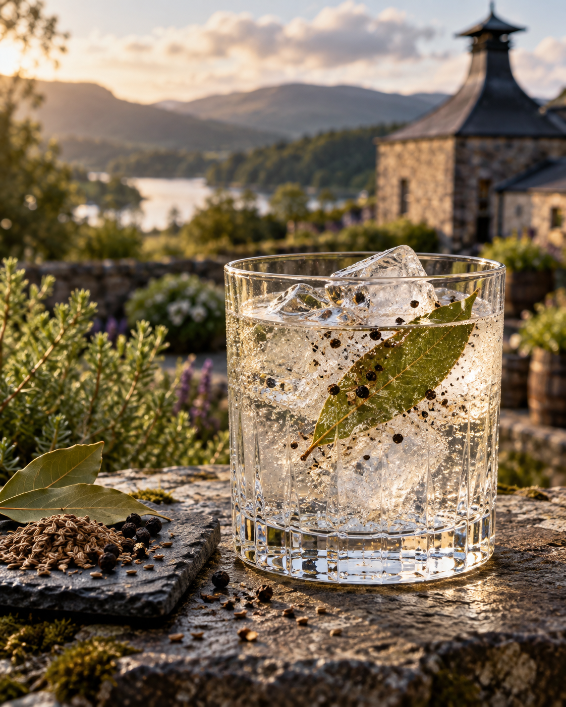 Double Digits Gin served with Fever-Tree Indian Tonic Water, garnished with Bay leaf and Black pepper
