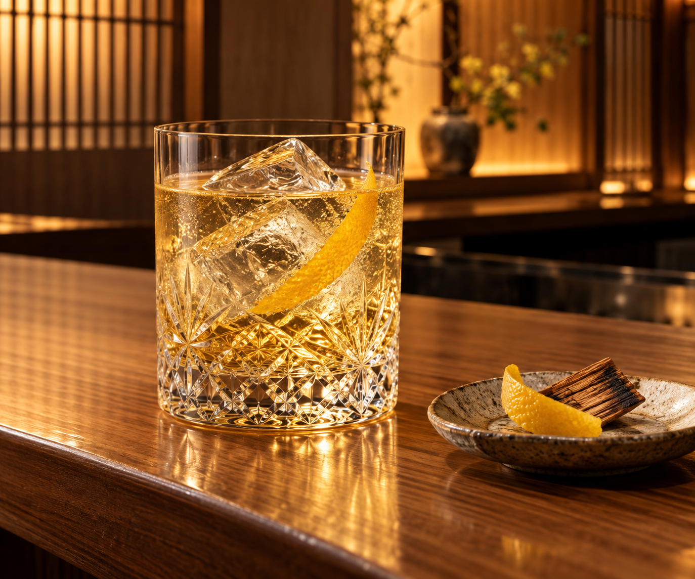 Akatorii SAKE GIN Hana no Keiji Edition servi, agrémenté de Japanese citrus peel