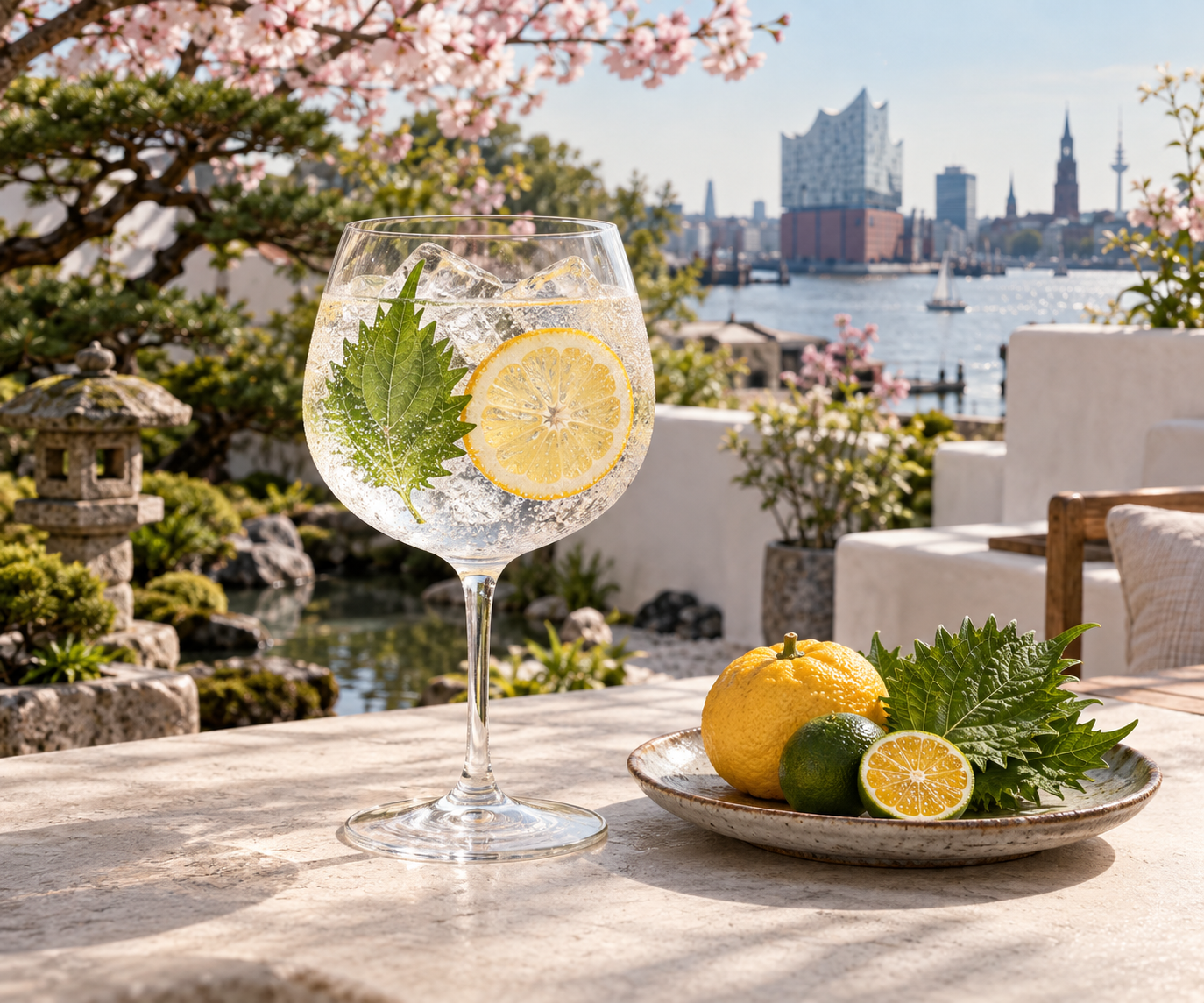 Gin Sul Jardim do Paraíso Japão 2026 servi avec Fever-Tree Indian Tonic Water, agrémenté de Yuzu peel et Shiso leaf