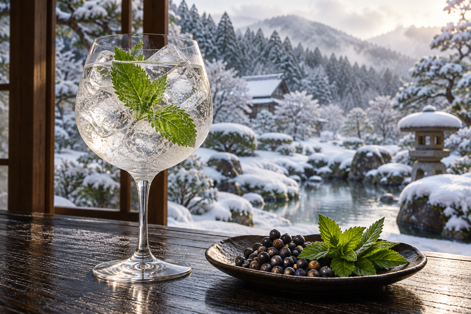 KUBOTA GIN Fuyu no Oto 2026 servi avec Fever-Tree Indian Tonic Water, agrémenté de Japanese mint leaf