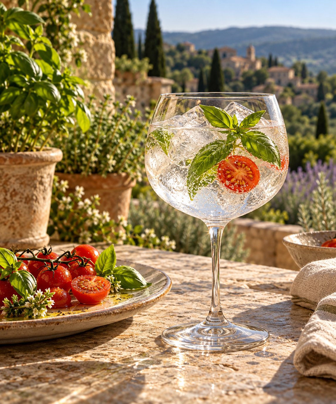 Gin Edmée Collection Été 2026 served with Fever-Tree Indian Tonic Water, garnished with Fresh basil leaf and Cherry tomato