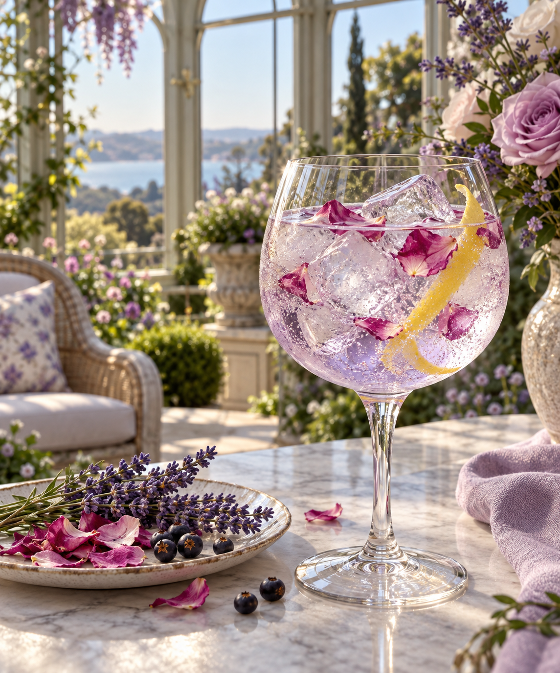 Geneviève Gin Violet Edition 2026 servi avec Fever-Tree Indian Tonic Water, agrémenté de Lemon peel et Edible rose petal