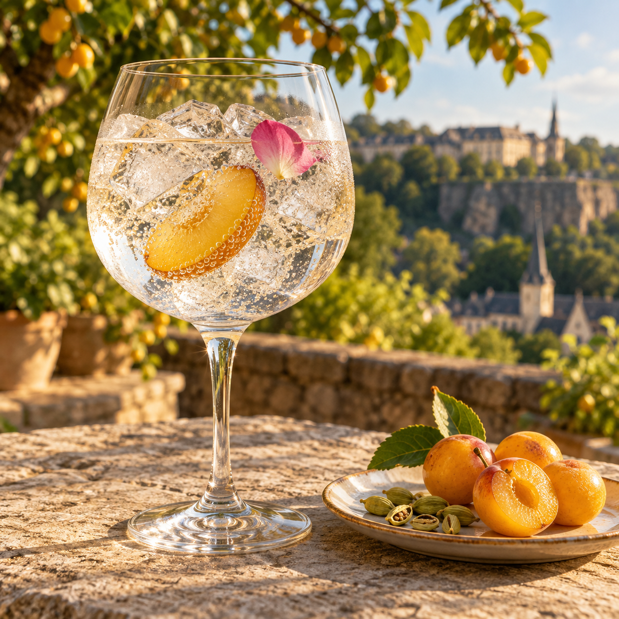 Entre Nous Gin Limited Edition 2026 served with Fever-Tree Mediterranean Tonic Water, garnished with Mirabelle slice and Rose petal