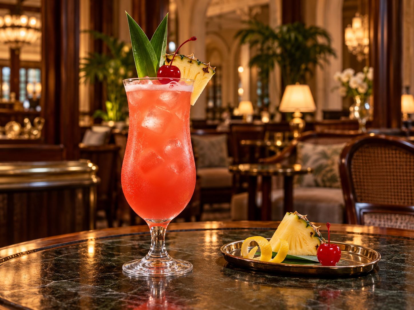 Sipsmith Raffles 1915 Gin served, garnished with Pineapple wedge and Cocktail cherry