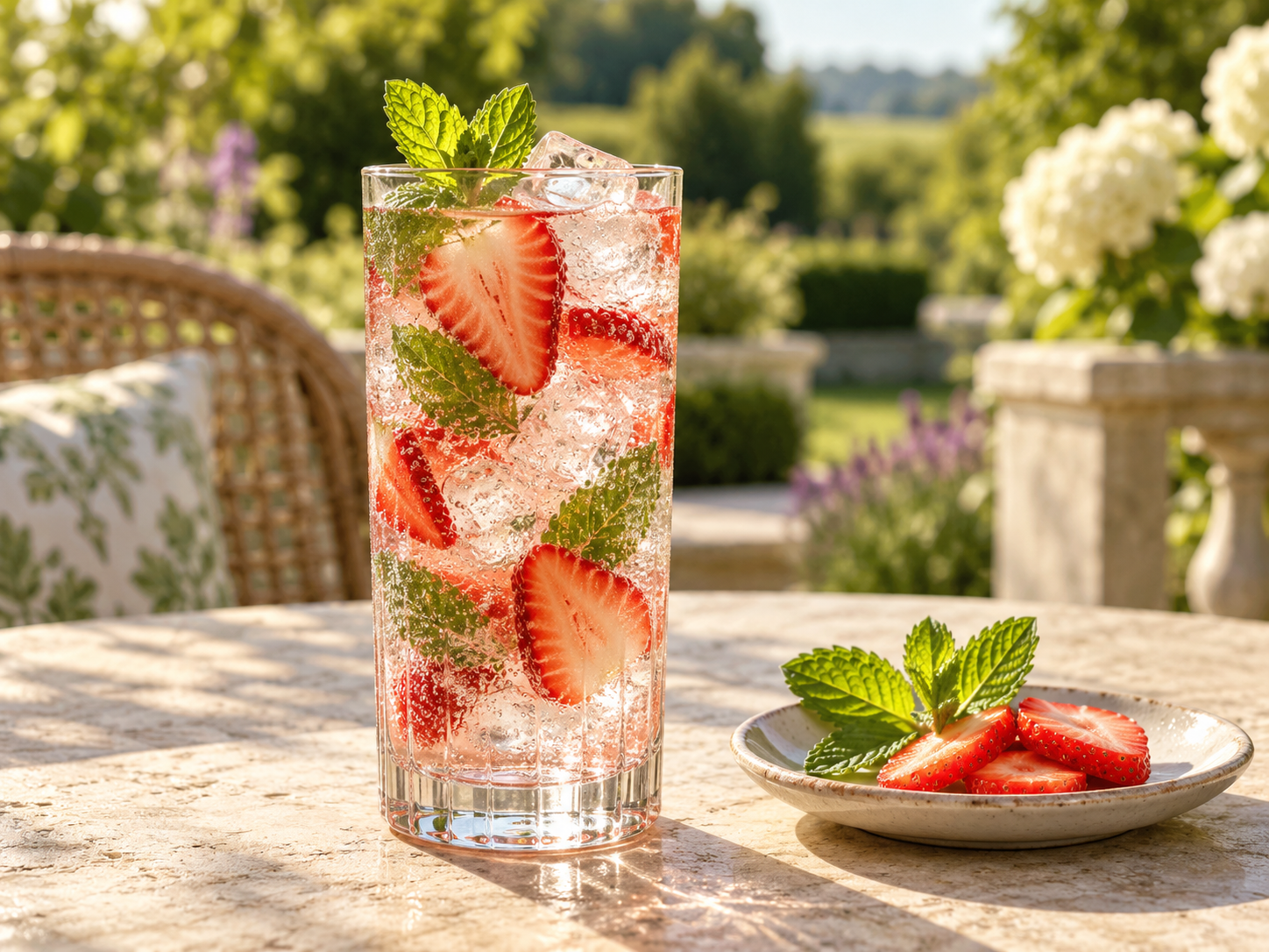 Sipsmith Strawberry Smash Gin served with Fever-Tree Indian Tonic Water, garnished with Fresh strawberry and Mint