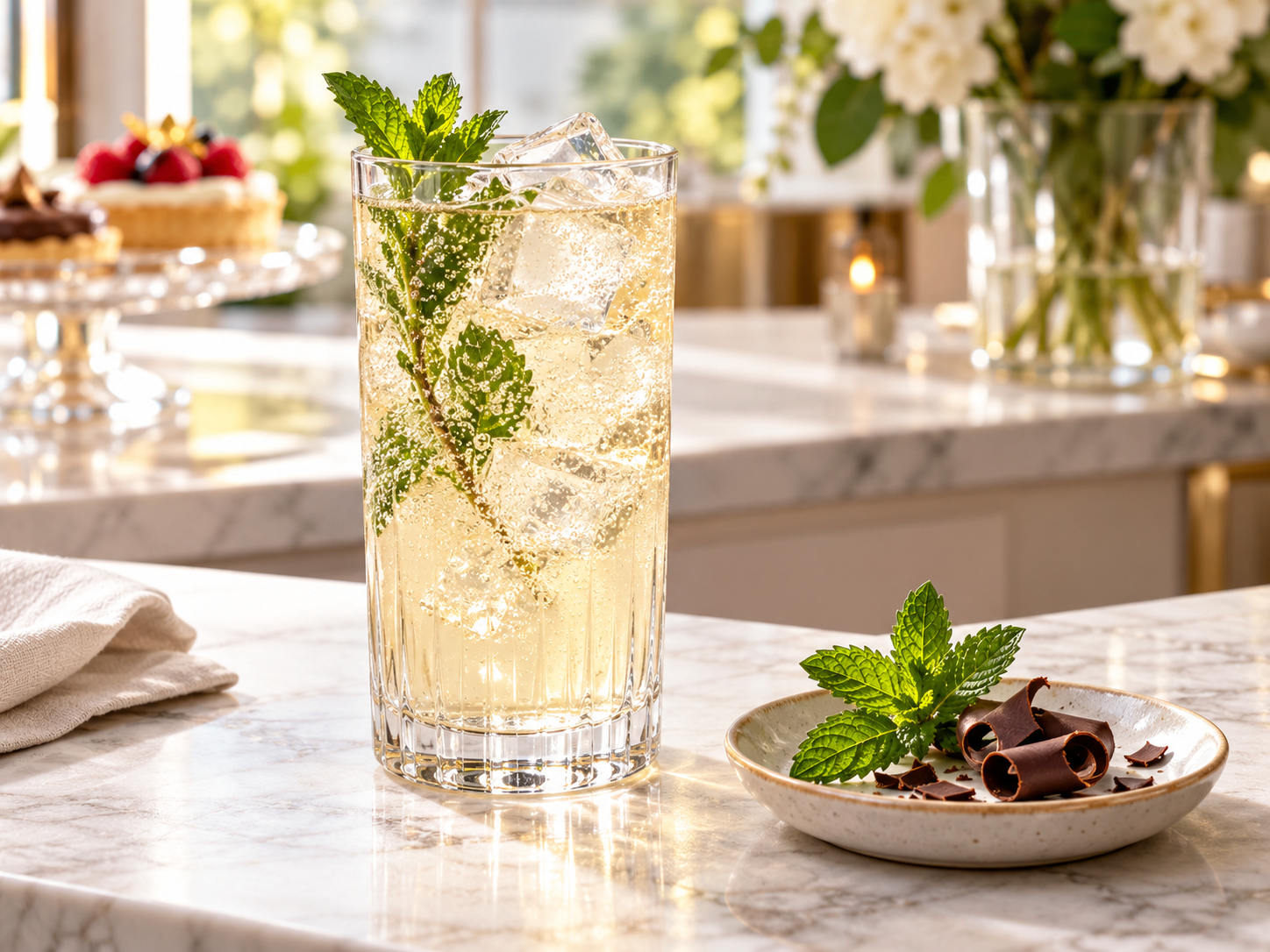 Sipsmith Mint Chocolate Chip Gin served, garnished with Mint sprig and Chocolate curls