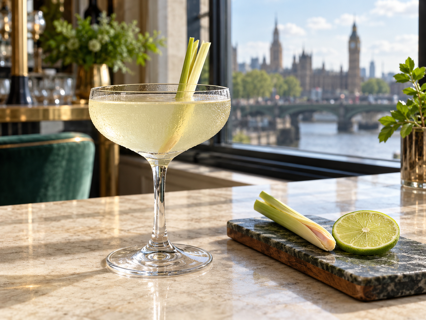 Sipsmith Lime & Lemongrass Gin served, garnished with Lemongrass spear and Lime peel