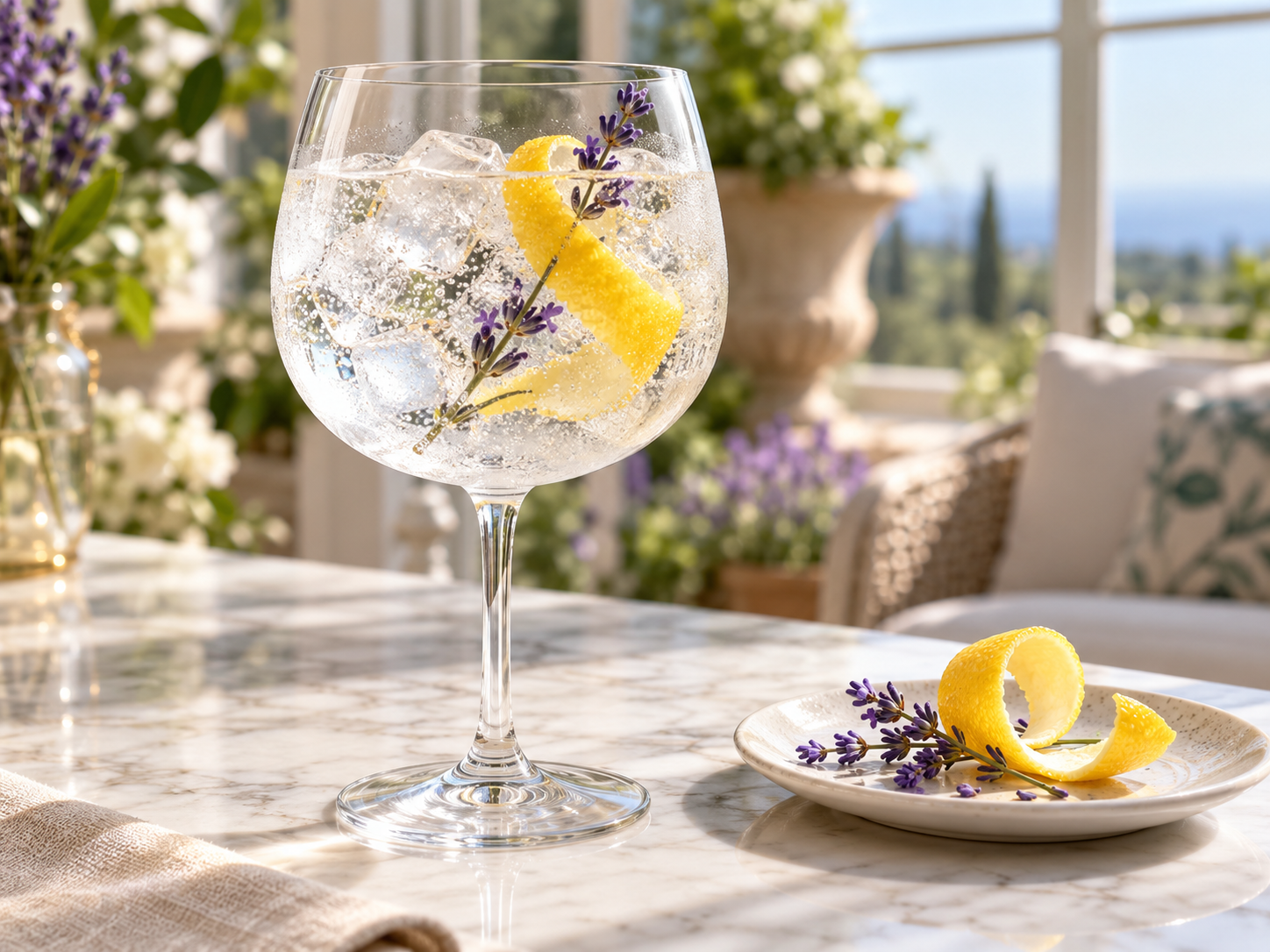 Sipsmith Lemon Sherbet Gin served with Fever-Tree Mediterranean Tonic Water, garnished with Lemon twist and Lavender flowers