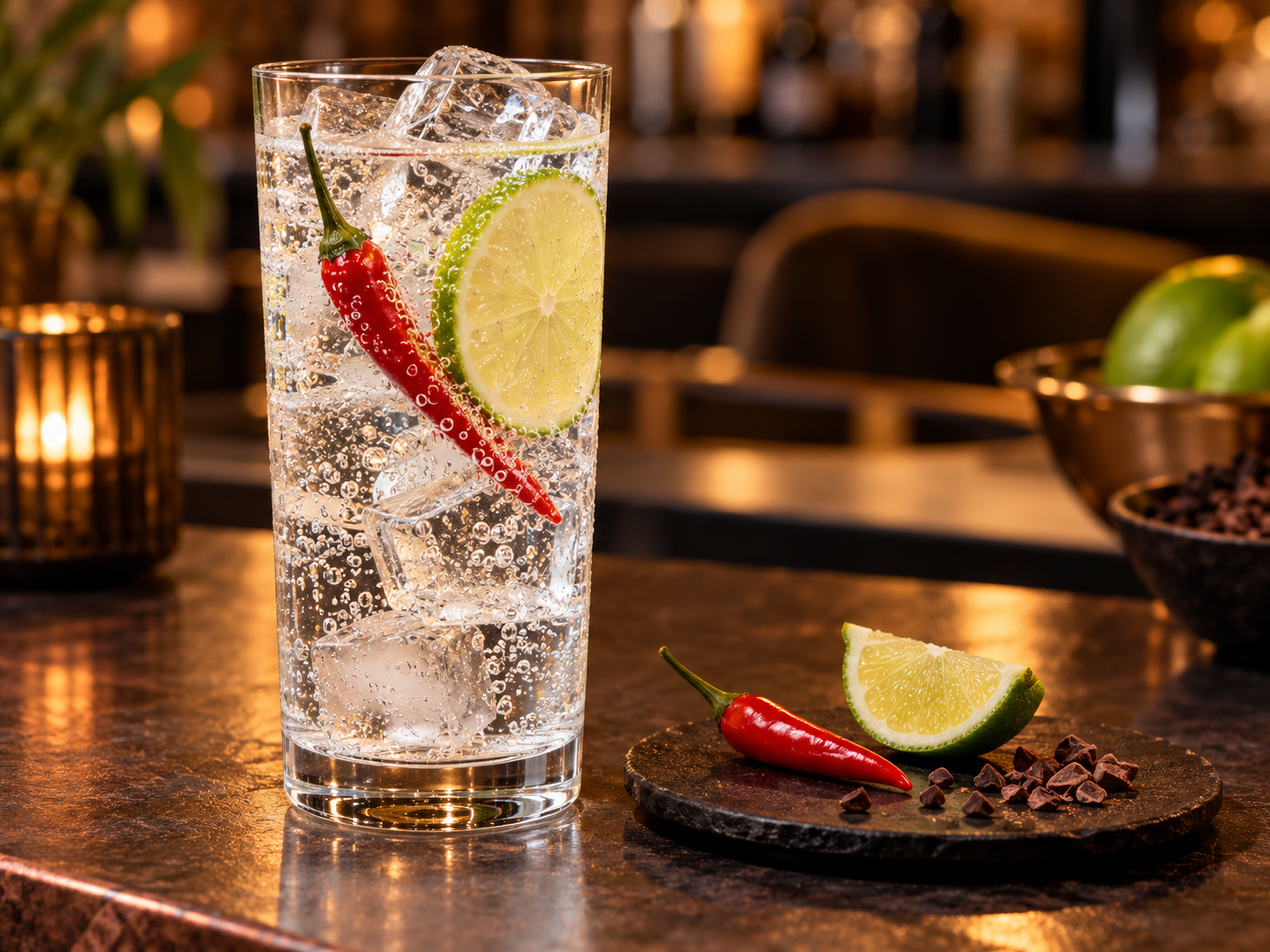 Sipsmith Chilli & Chocolate Gin served with Fever-Tree Indian Tonic Water, garnished with Lime wedge and Red chilli