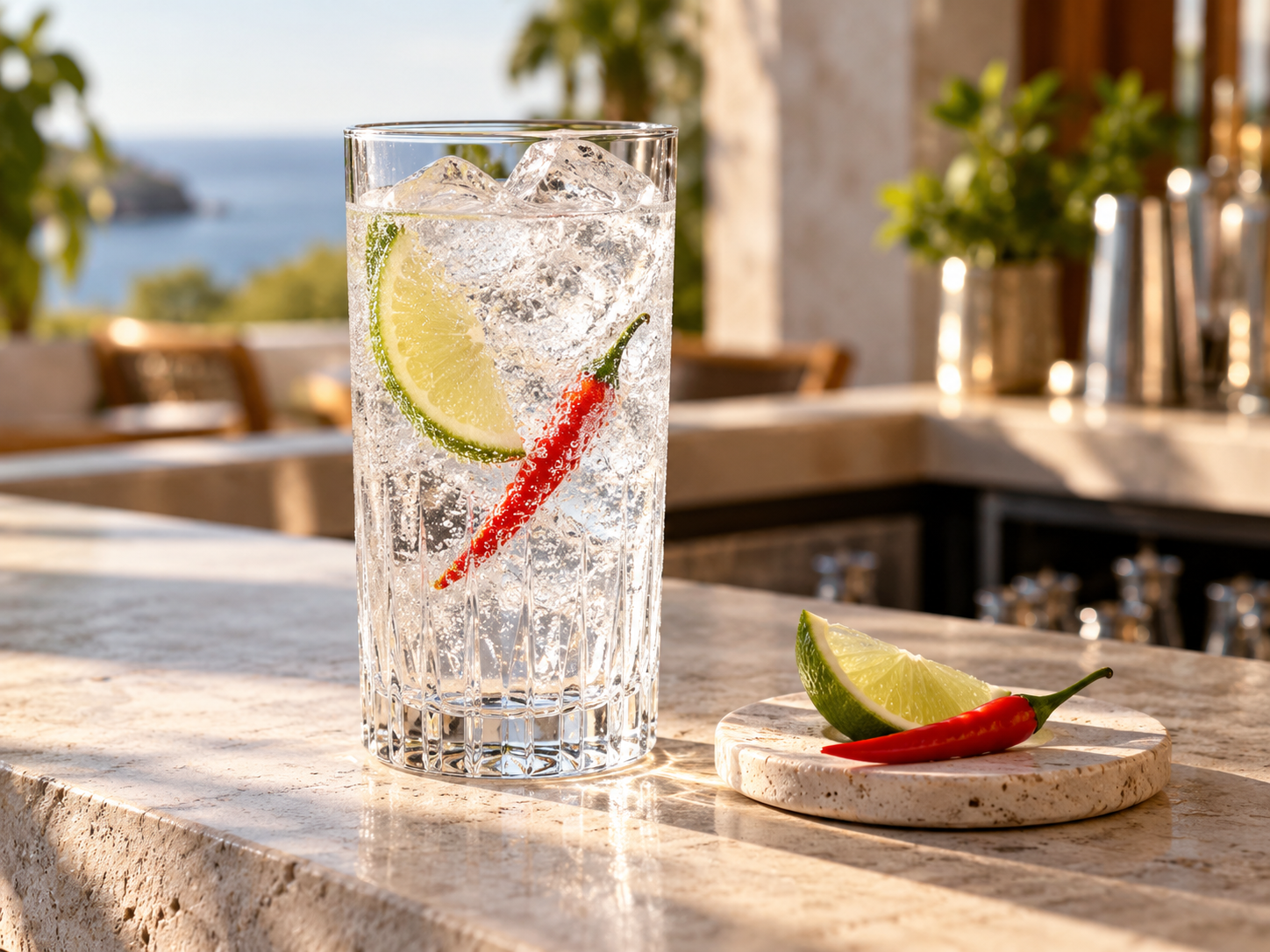 Sipsmith Chilli & Lime Gin served with Fever-Tree Indian Tonic Water, garnished with Lime wedge and Red chilli