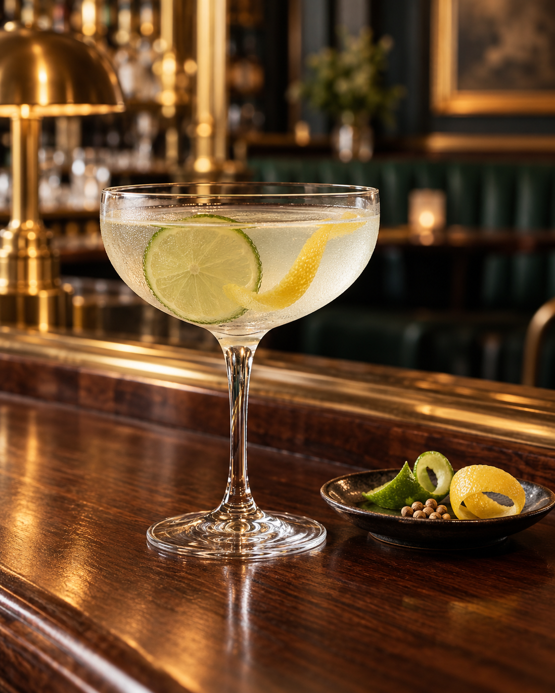 Oxley London Dry Gin served, garnished with Lime and Lemon peel