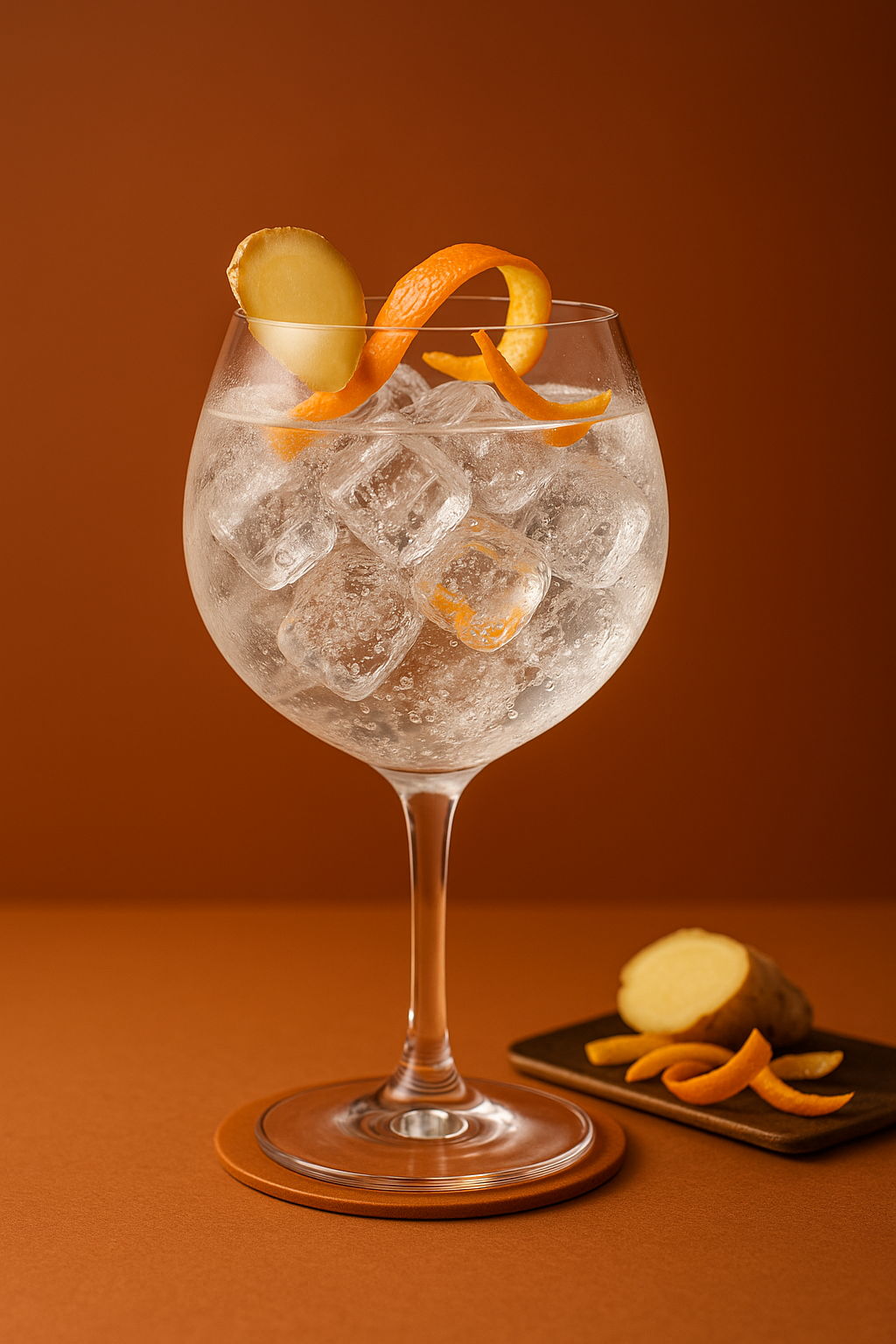 1128 Portucale Spiced Gin served with Franklin & Sons Original Ginger Ale, garnished with thin slice of fresh ginger and twist of orange peel