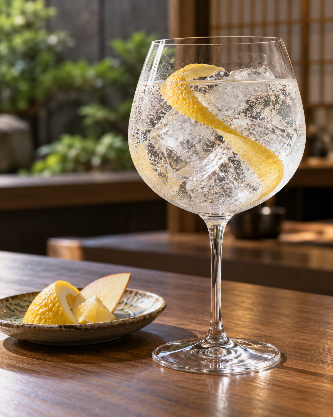 Nikka Coffey Gin served with Fever-Tree Indian Tonic Water, garnished with Yuzu peel and Apple