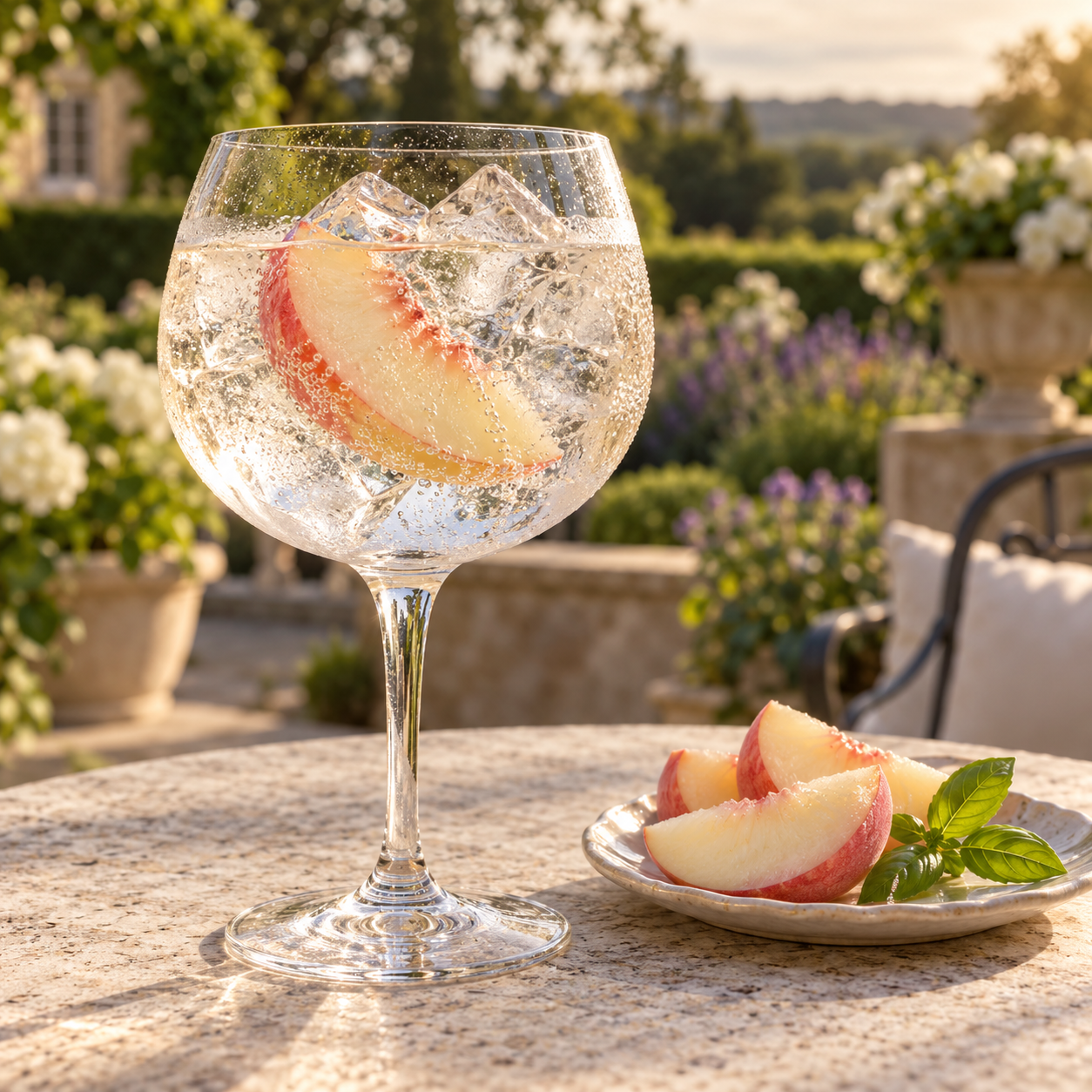 Gordon's White Peach Distilled Gin served with Fever-Tree Indian Tonic Water, garnished with White peach slice