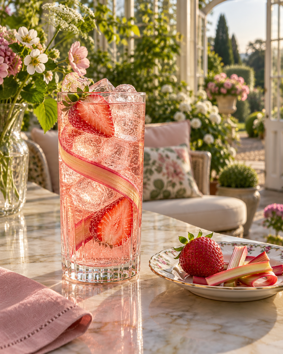 Boodles Rhubarb & Strawberry Gin served with Fever-Tree Indian Tonic Water, garnished with Strawberry and Rhubarb