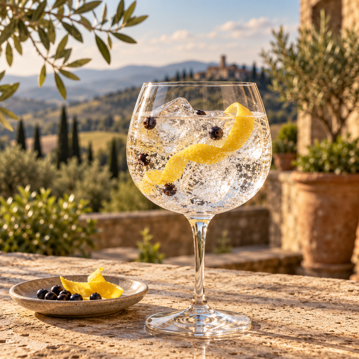 Bombay Sapphire Premier Cru Tuscan Juniper Gin servi avec Fever-Tree Indian Tonic Water, agrémenté de Lemon peel et Juniper berries