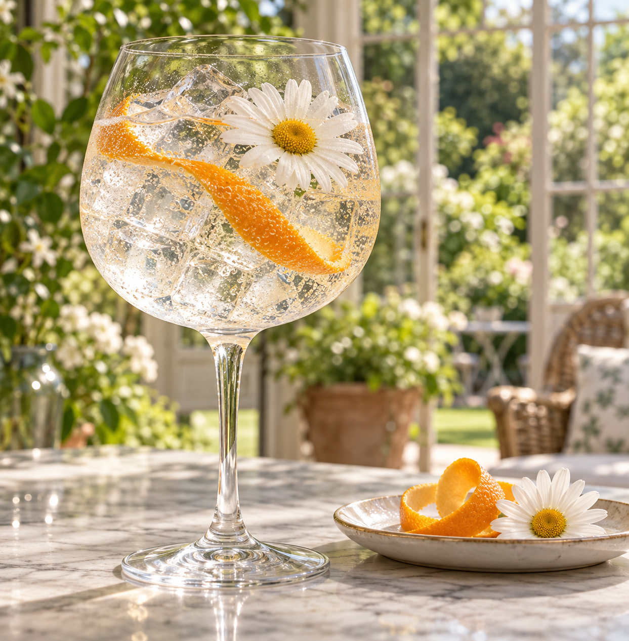 Sipsmith Language of Flowers Gin served with Fever-Tree Indian Tonic Water, garnished with Orange peel and Ox-eye daisy