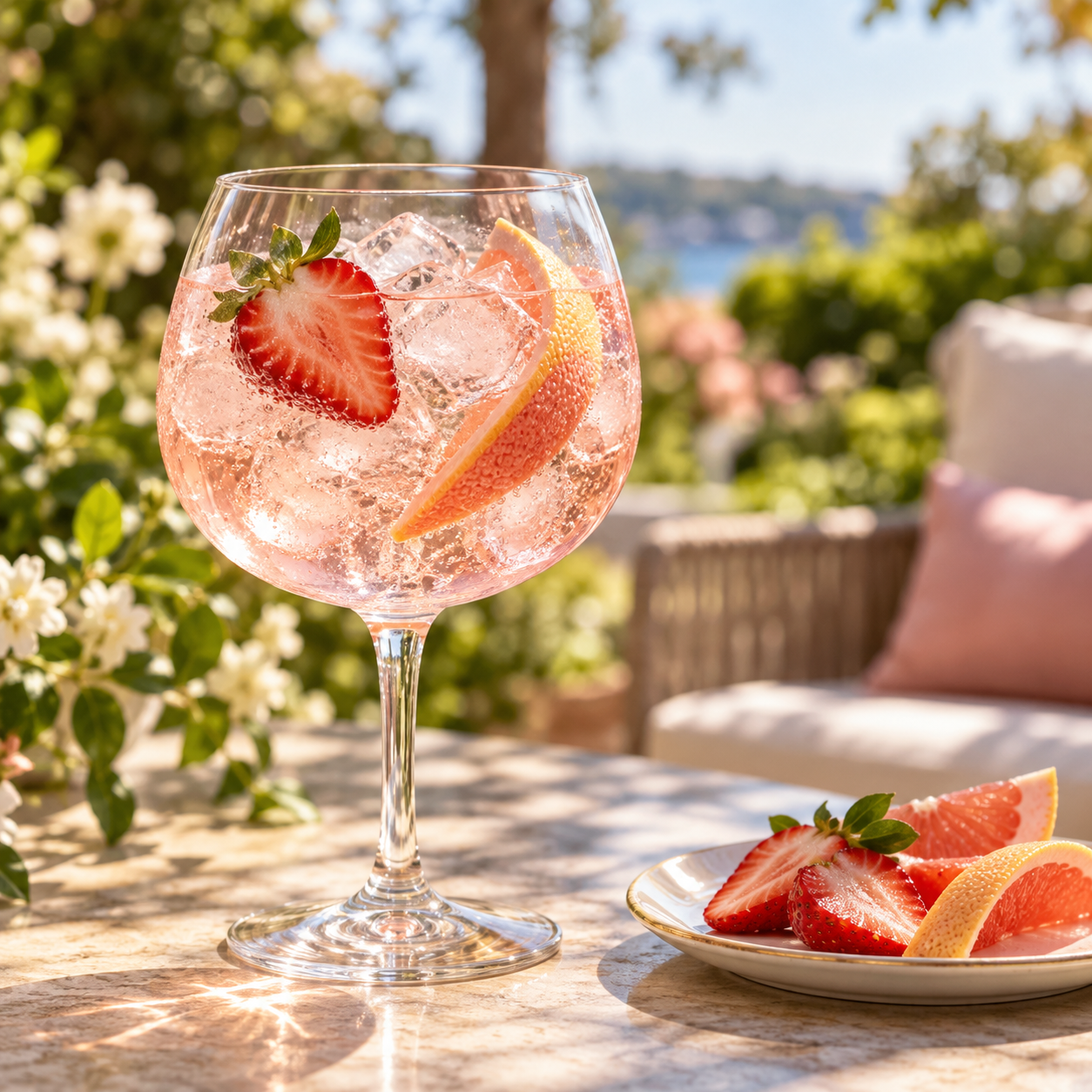 Pink on Pink Gin 2026 served with Fever-Tree Citrus Tonic Water, garnished with Fresh strawberry and Pink grapefruit peel