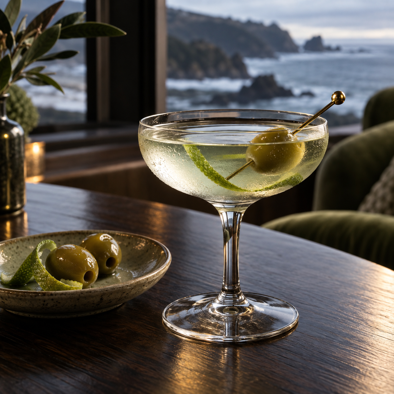 Juno Winter 2025 Seasonal Gin served, garnished with Green olive and Lime peel