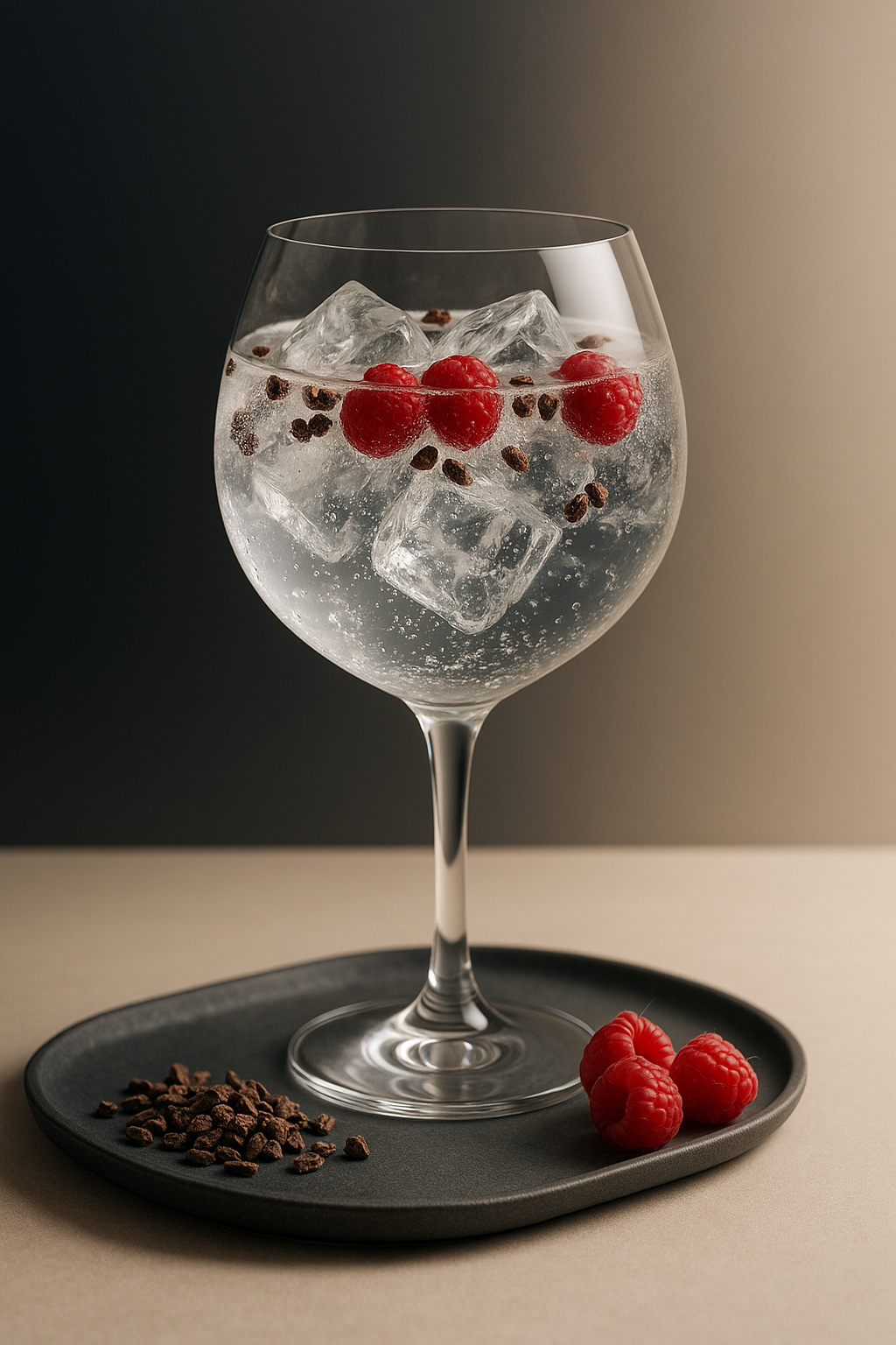 Xolato X-Gin served with Fever-Tree Mediterranean Tonic Water, garnished with Cocoa nibs and Fresh raspberries