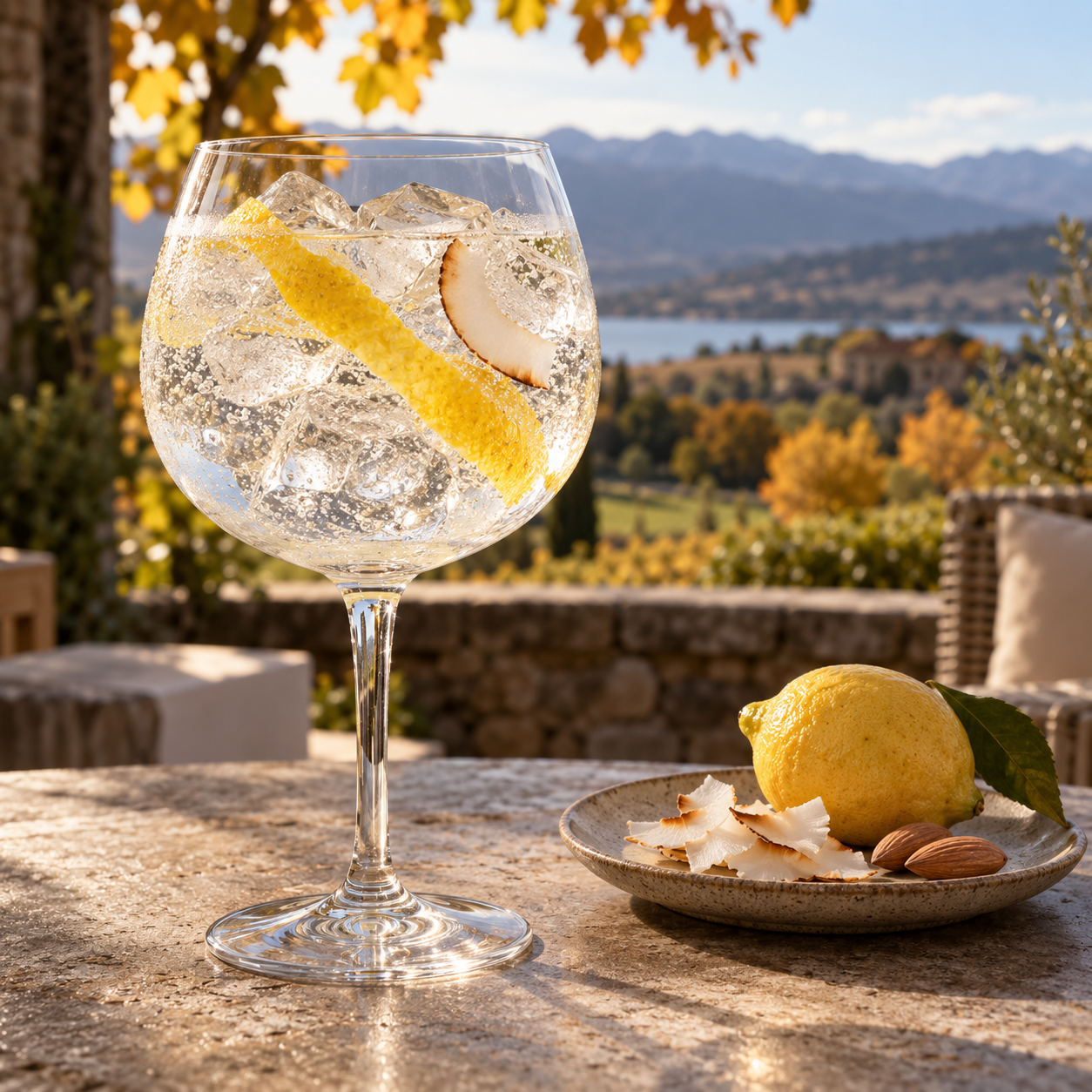 Juno Autumn 2025 Seasonal Gin servi avec Fever-Tree Indian Tonic Water, agrémenté de Lemon wheel et Toasted coconut flake