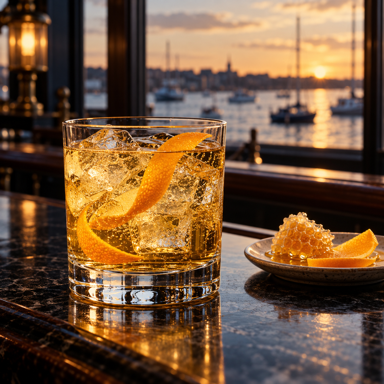 Honey Gin served with Fever-Tree Indian Tonic Water, garnished with Orange peel