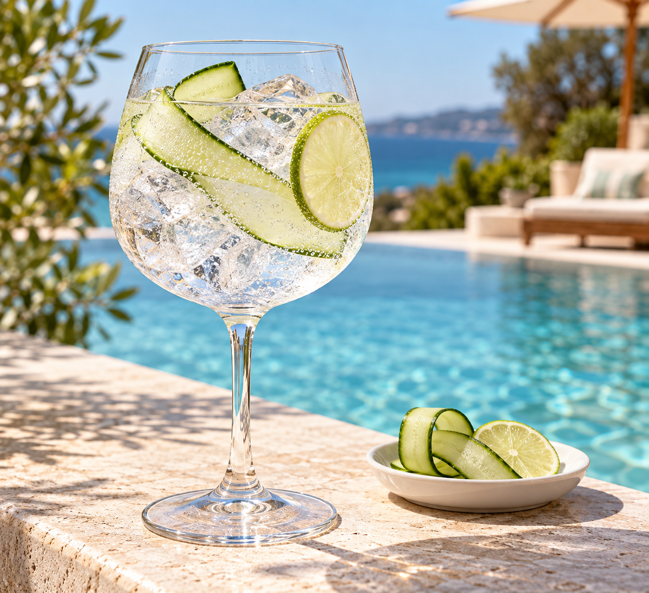 Tonalicious Poolside Gin served with Fever-Tree Indian Tonic Water, garnished with Cucumber Ribbon and Lime Wheel