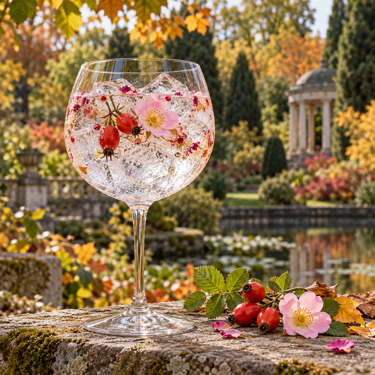 Arboretum Gin Limited Edition served with Fever-Tree Indian Tonic Water, garnished with Rosehip Berry and Lemon Peel