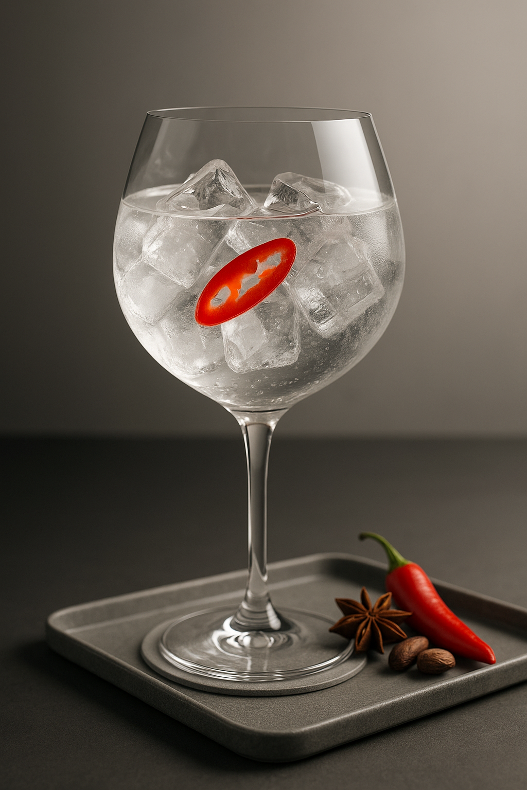X-Gin served with Fentimans Pink Grapefruit Tonic Water, garnished with Thin slice of fresh red chili pepper