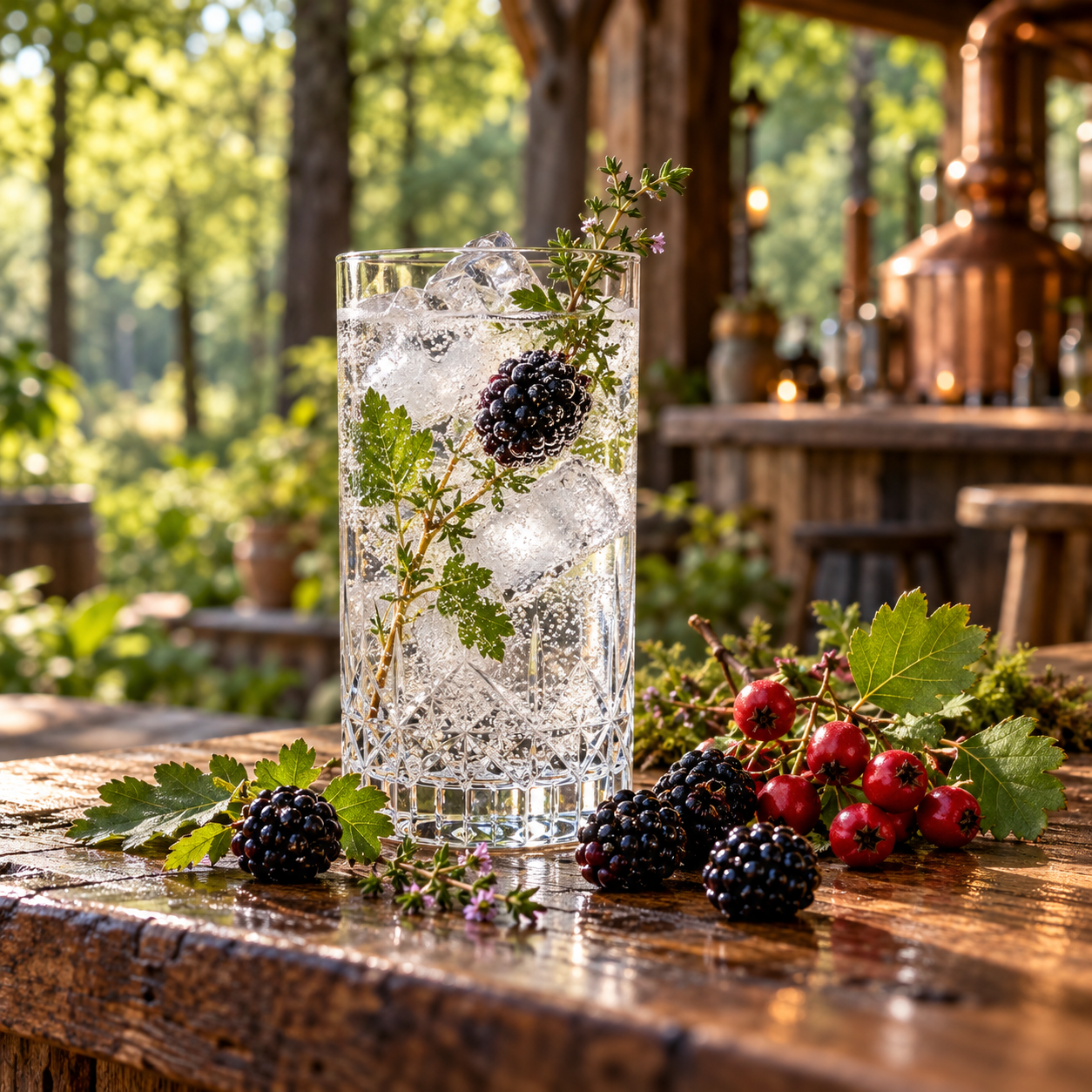 Braeckman Wild Forest Dry Gin served with Fever-Tree Indian Tonic Water, garnished with Blackberry and Wild Herb Sprig