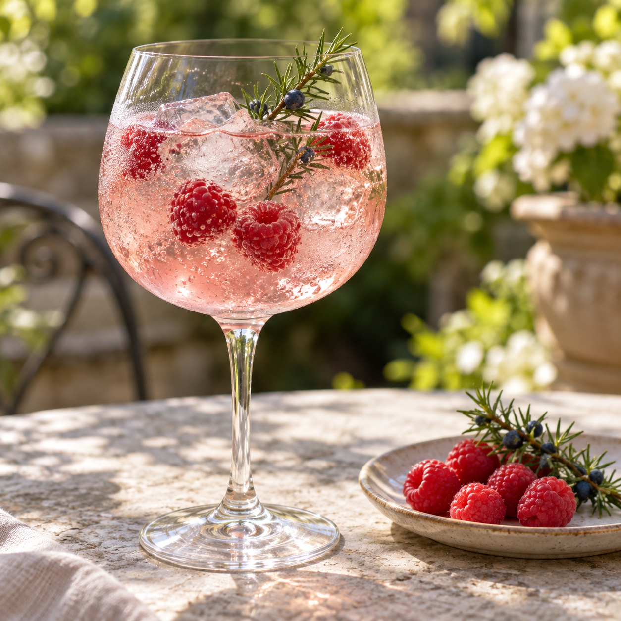 Organic Raspberry Gin served with Fever-Tree Indian Tonic Water, garnished with Fresh raspberry and Juniper Sprig