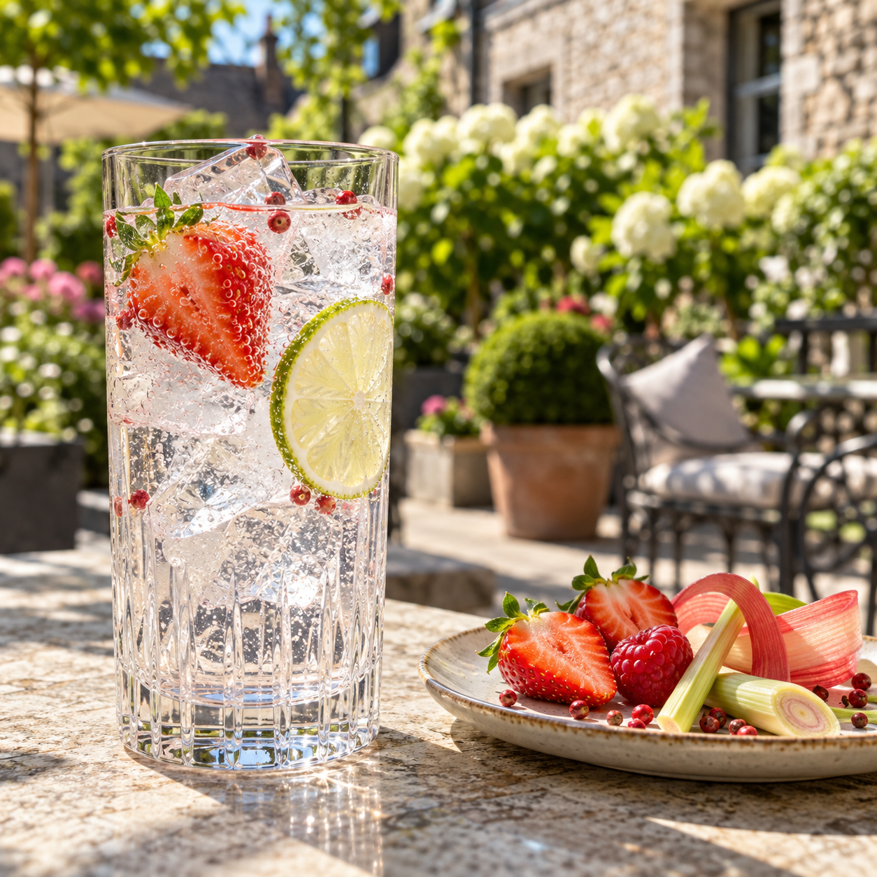 Puffin Gold served with Fever-Tree Indian Tonic Water, garnished with Strawberry Slice and Lime Wheel