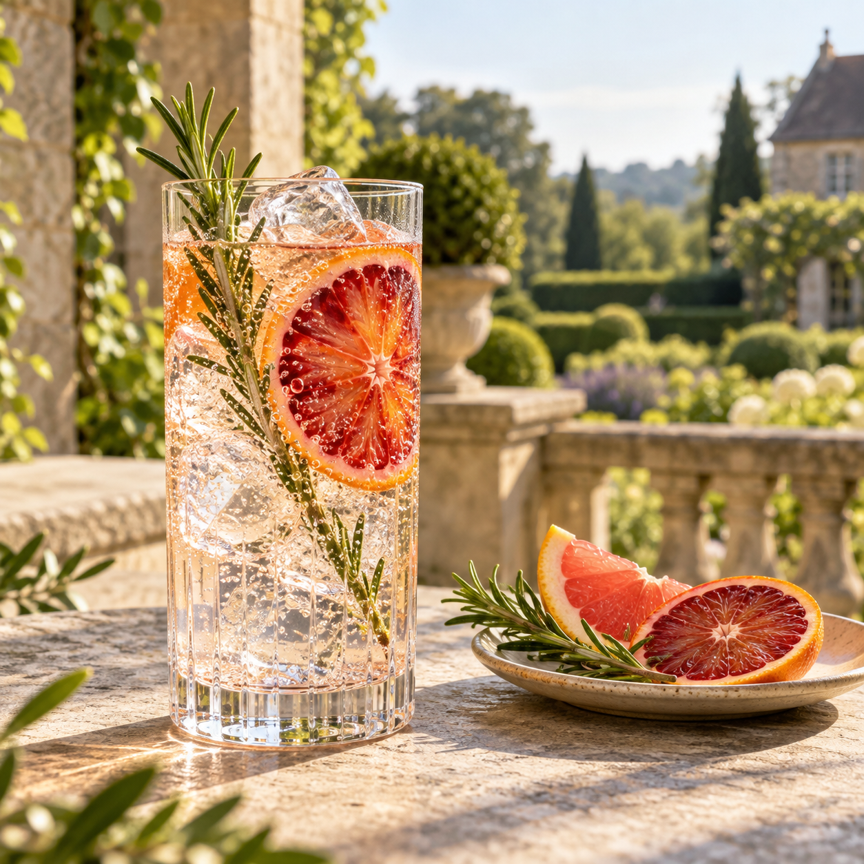 Puffin Orange served with Fever-Tree Indian Tonic Water, garnished with Blood Orange Wheel and Rosemary Sprig