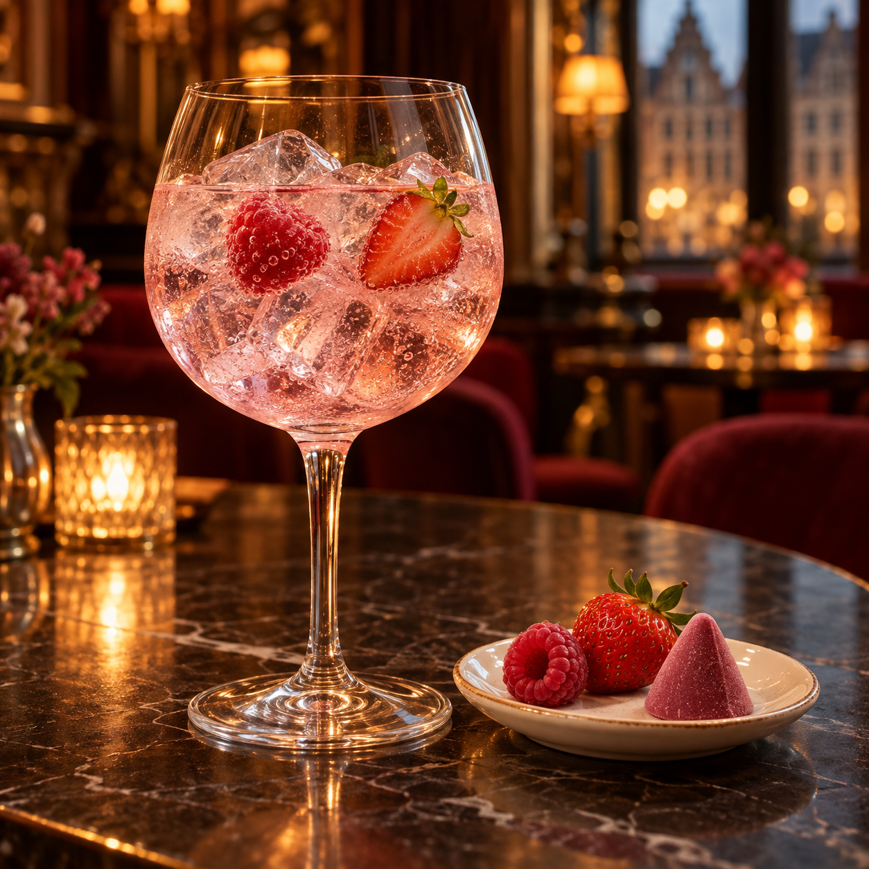 Holy Water Cuberdon Gin servi avec Fever-Tree Indian Tonic Water, agrémenté de framboise