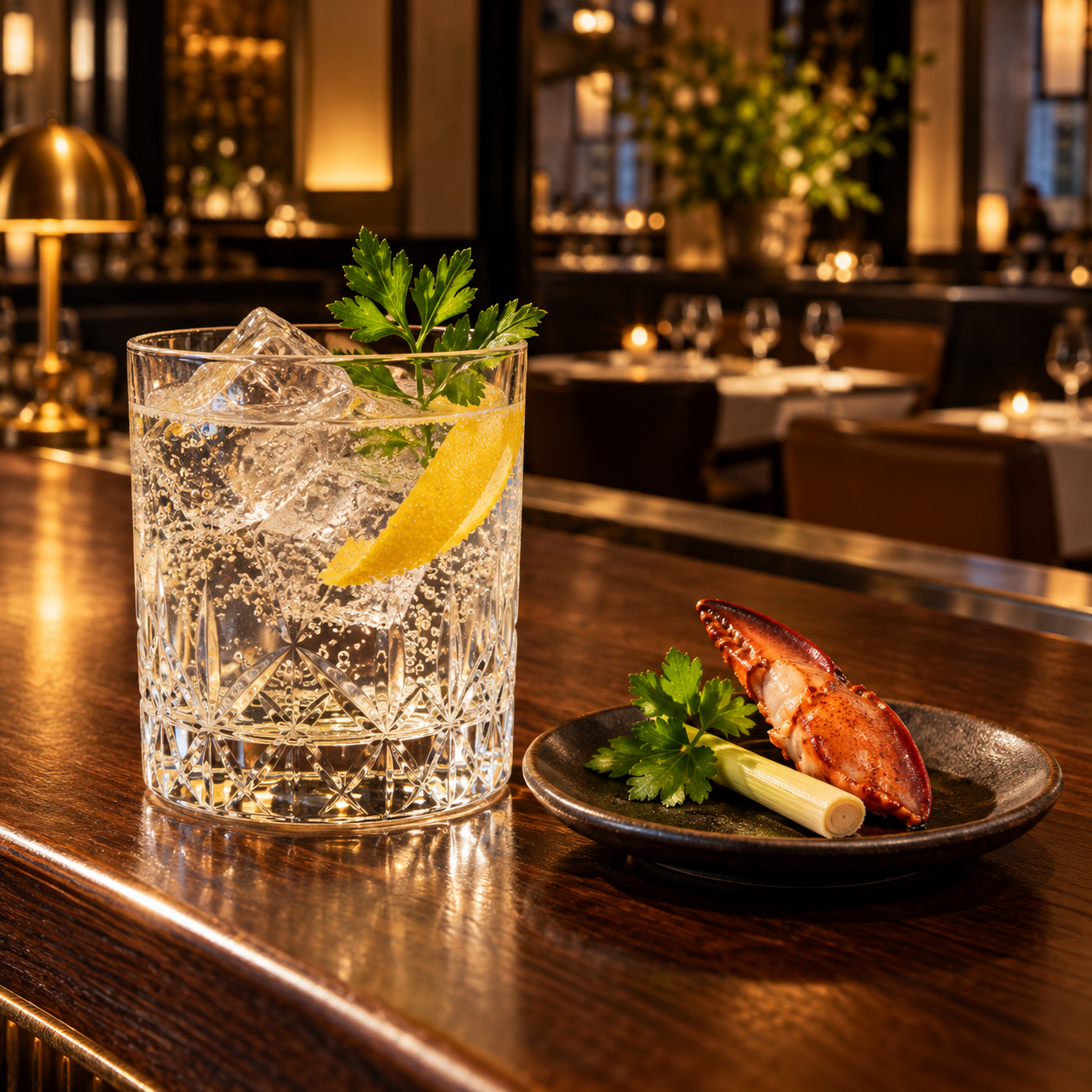 L'Homard Gin servi avec Fever-Tree Indian Tonic Water, agrémenté de brin de persil et zeste de citron